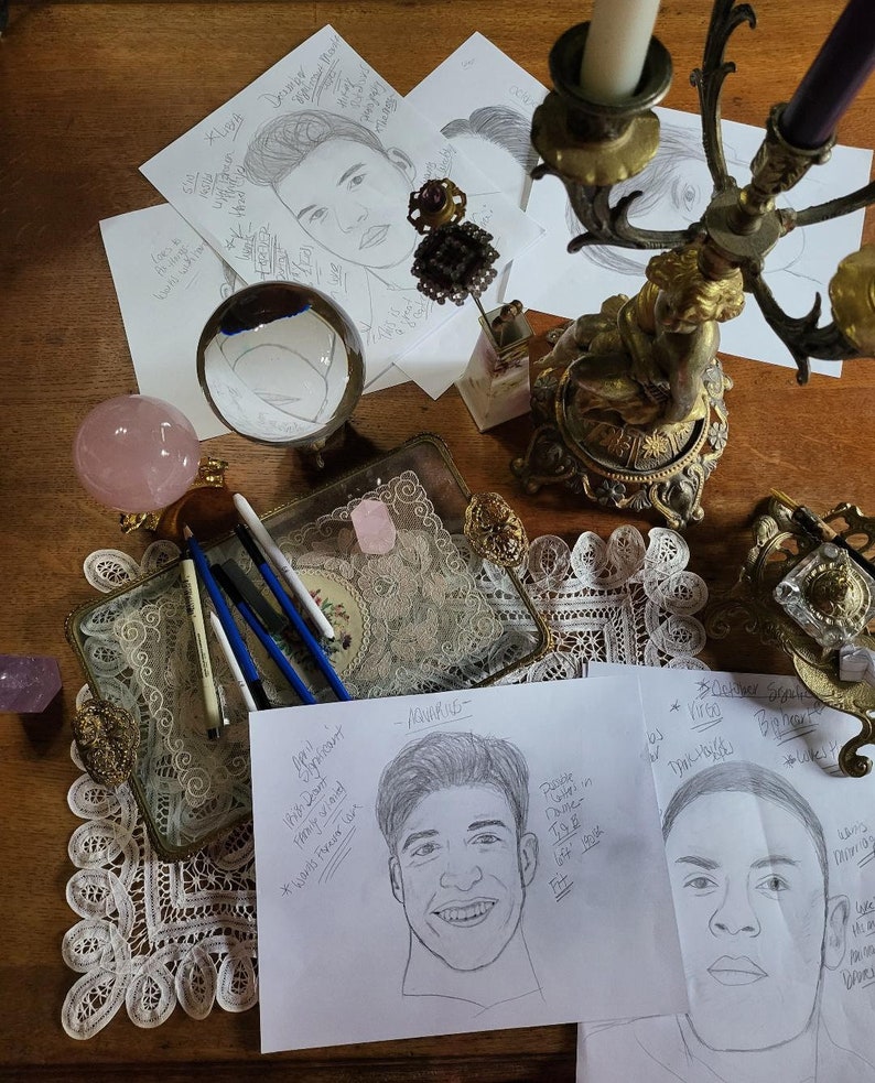 May include: A table with a white lace tablecloth and a variety of items, including a crystal ball, a pink crystal, a silver tray with pens, and three pieces of paper with hand-drawn portraits and astrological information. The paper with the text "AQUARIUS" has a portrait of a person with the text "Loyal, Independent, Free-Spirited, Friendly and Wants Freedom to Love". The paper with the text "CAPRICORN" has a portrait of a person with the text "Ruler Saturn in Capricorn, December 22 to January 19, Earth Sign, Practical, Responsible, Patient".