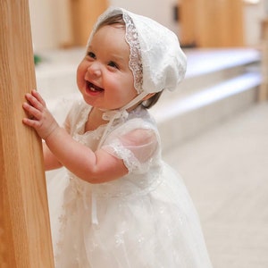 Baby Girls Baptism Dress, Baby Girls Christening Gown, Complete Baby Girls Sleeveless Baptism Dress with Gem Bow Headband, Girls Lace Dress