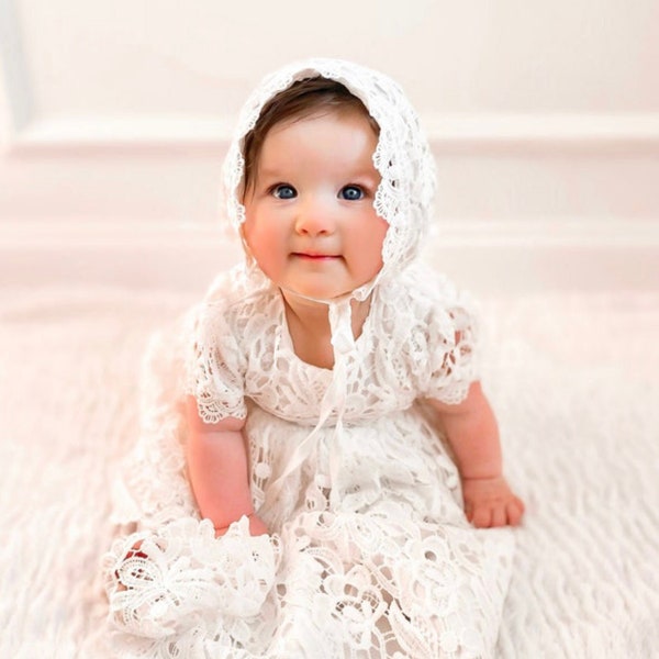 Robe en dentelle pour bébé fille, robe de baptême pour bébé, robe de baptême, robe de baptême pour fille, ensemble bonnet pour robe de bénédiction en dentelle pour bébé