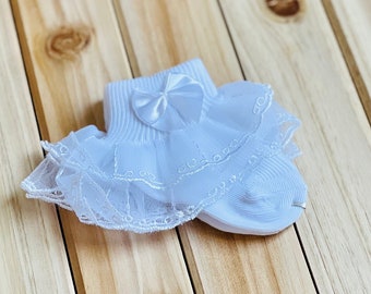 Christening Socks, Baptism Socks, Flower Girl Socks, Tutu Socks for Toddler, Baby Ruffle Socks, Baby Tutu Socks, White Ruffle Socks Lace