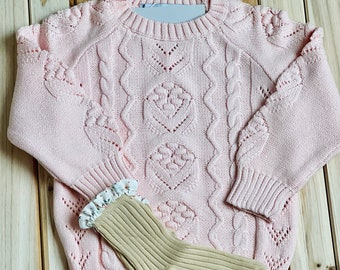 Baby Toddler Girls Pink Cable Knit Floral Knit Sweater, Girls Fall Sweater, Baby Girls Sister Matching Sweaters, Girls Floral Knit Set Socks