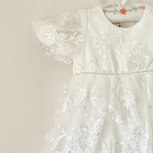 Baby Mädchen Gemme Taufkleid, Baby Mädchen Taufkleid, Komplettes Baby Mädchen Kurzarm Taufkleid mit Mütze, Mädchen Spitzenkleid