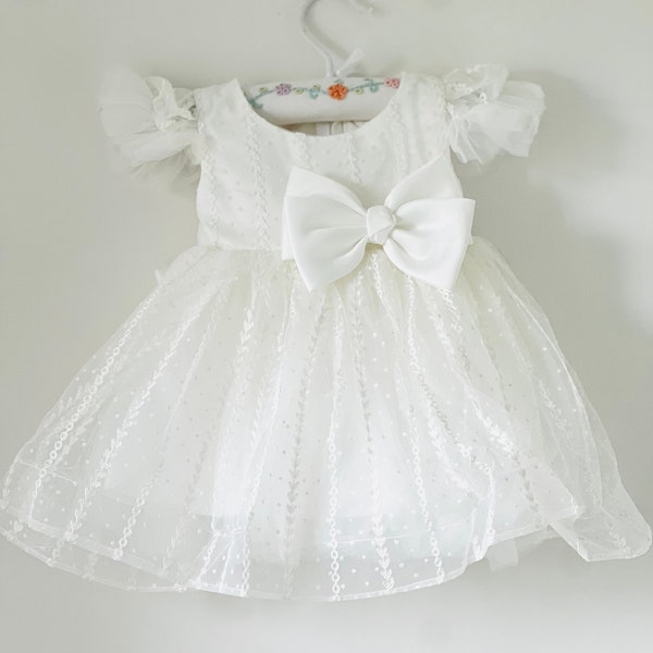 Baby Girls Baptism Dress, Baby Girls Christening Gown, Complete Baby Girls Cap Sleeve Baptism Dress Bow, Girls Lace Dress