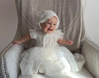 Baby Girls Lace Cross Dress, Baby Christening Gown Christening Dress, Girls Baptism Dress Gown, Infant Lace Blessing Gown Dedication Bonnet