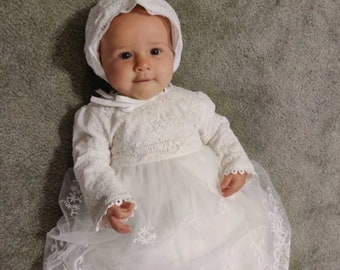 Baby Girls Lace Dress, Baby Girls Long Sleeve Baptism Dress Christening Gown Christening Dress, Girls Gown, Infant Lace Blessing Gown Bonnet