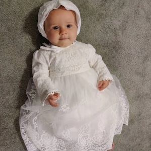 Baby Girls Lace Dress, Baby Girls Long Sleeve Baptism Dress Christening Gown Christening Dress, Girls Gown, Infant Lace Blessing Gown Bonnet