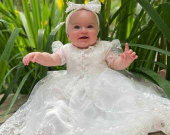 Baby Girls Baptism Dress, Baby Girls Christening Gown, Complete Baby Girls Sleeveless Baptism Dress with Gem Bow Headband, Girls Lace Dress