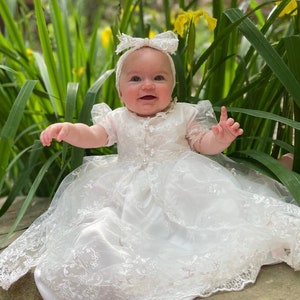 Baby Girls Baptism Dress, Baby Girls Christening Gown, Complete Baby Girls Sleeveless Baptism Dress with Gem Bow Headband, Girls Lace Dress