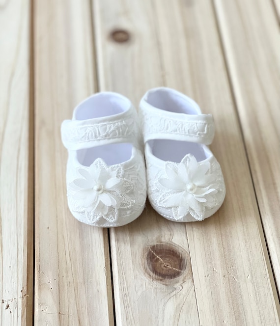 Baby Girls Baptism Shoes, Girls Baptism Shoes, Baby Baptism Dress, Lace  Pearl Baptism Dress, Girls Lace Floral Shoes, Lace Christening Shoes - Main Image