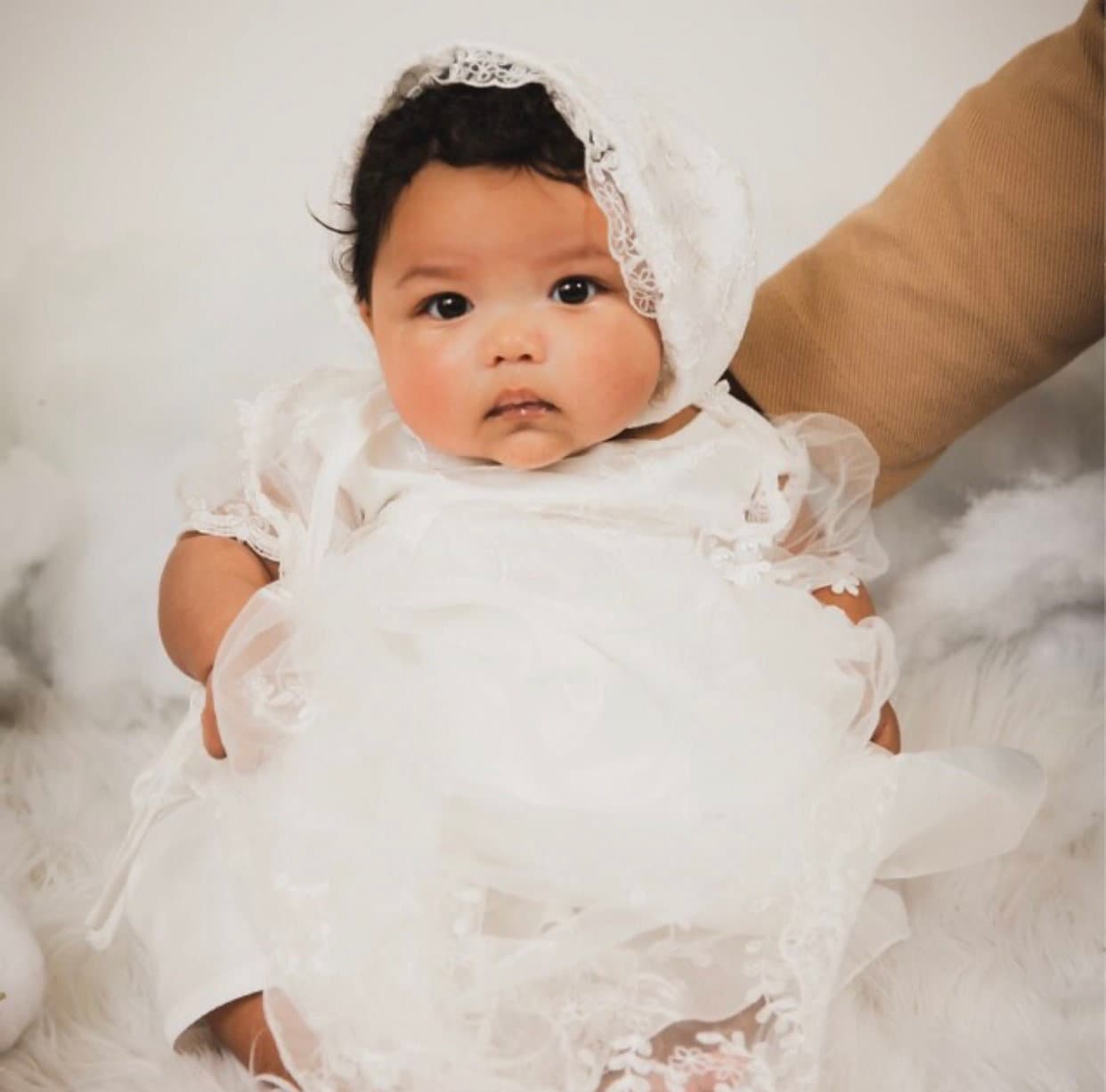 Baby Girls Baptism Dress, Baby Girls Christening Gown, Complete Baby Girls Sleeveless Baptism Dress with Gem Bow Headband, Girls Lace Dress