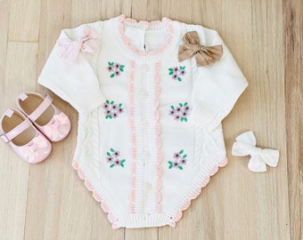 Baby Girls Spring Knit Floral Romper, Complete Outfit Set with Shoes and Bows, Baby Shower Gift Girls, Embroidered Romper Outfit