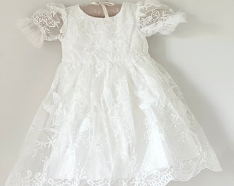 Baby Girls Lace Dress, Baby Girls Puff Sleeve Christening Gown Christening Dress, Girls Baptism Dress Gown, Infant Lace Blessing Gown Bonnet