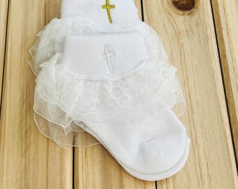 Calcetines de bautizo con cruz para bebés niñas, calcetines de bautizo de encaje para bebés niñas, calcetines con cruz bordada, calcetines de bautizo para bebés, regalo de bautizo