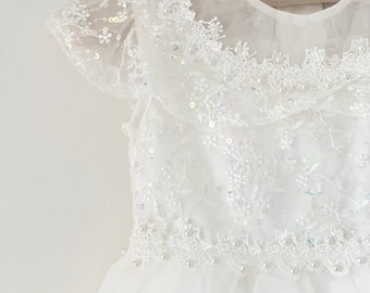 Vestido blanco de primera comunión para niñas, vestido de primera comunión de manga corta, vestido de niña de flores blanco de encaje, vestido de bautismo para niños pequeños, princesa para niños pequeños