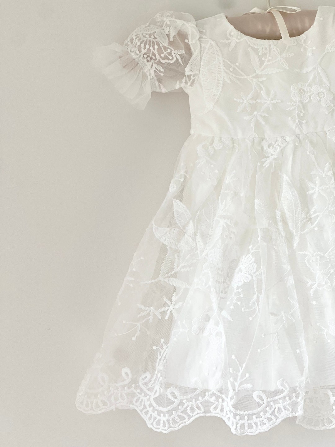 2 PCS Round Necked Lace Christening Dress for Baby with Bow Cute Birthday Dresses