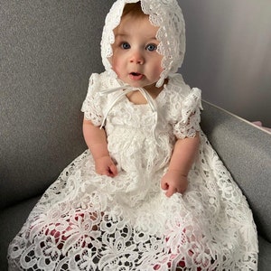 Baby Girls Lace Dress, Baby Christening Gown Christening Dress, Girls Baptism Dress Gown, Infant Lace Blessing Gown Dedication Set Bonnet image 2