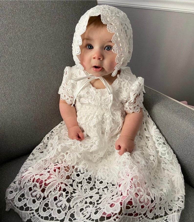 Baby Girls Lace Dress, Baby Christening Gown Christening Dress, Girls Baptism Dress Gown, Infant Lace Blessing Gown Dedication Set Bonnet image 2