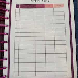 May include: A white product inventory sheet with a burgundy border. The sheet has columns for product name, quantity, cost, and location.