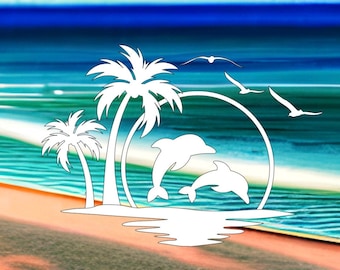May include: A digital illustration of a beach scene with palm trees, dolphins, and seagulls. The background is a blue ocean with white waves and a sandy beach.
