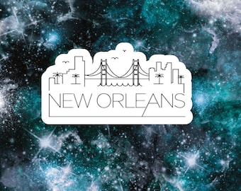 May include: A white sticker with a black outline of the New Orleans skyline, including the iconic bridge, palm trees, and the text "NEW ORLEANS". The sticker is on a dark blue and green background with white stars.