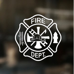 May include: White fire department emblem with a crossed ladder, axe, hose, and a fireman's helmet. The emblem is in the shape of a four-pointed star with the words "FIRE DEPT." inside.