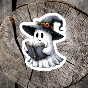 Witch Ghost Reading, Cute Witch Ghost, Book Lover, Reader Gift, Bookish Gift, Laptop Sticker, Kindle Sticker, Phone Sticker, Water Bottle