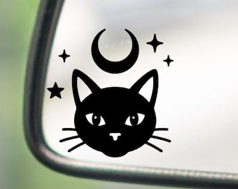Mystical Black Cat Rearview Mirror Vinyl Decal|Celestial Cat Sticker