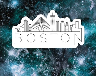 May include: A black and white line art sticker of the Boston skyline with the word "BOSTON" underneath. The sticker is on a blue and green galaxy background.
