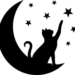 May include: Black silhouette of a cat sitting on a crescent moon, reaching up towards a star. The image is set against a white background.