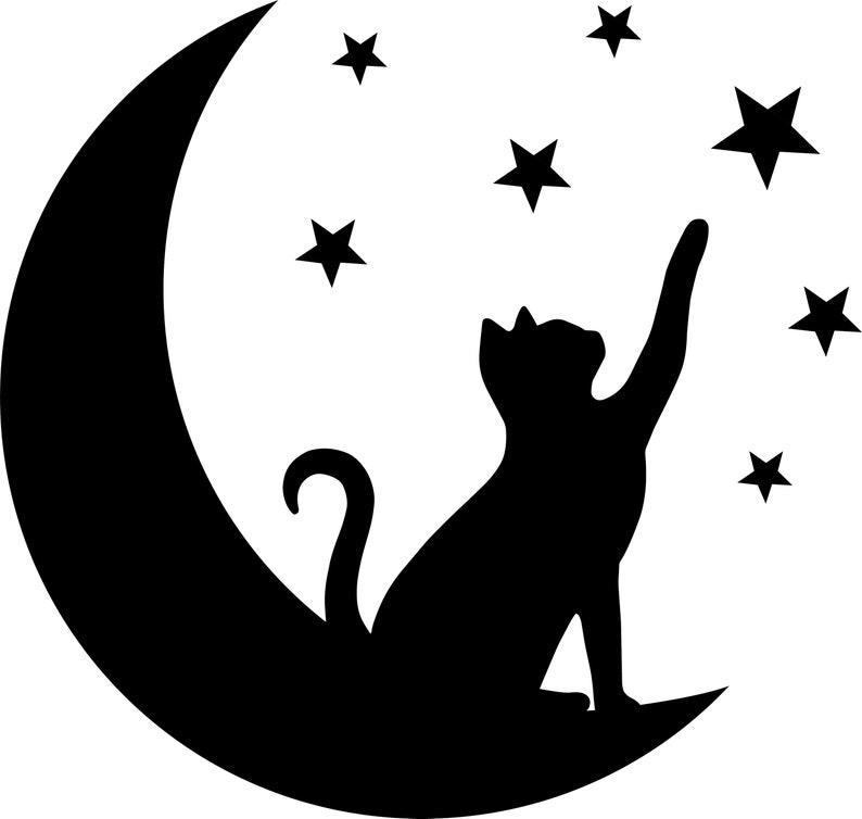 May include: Black silhouette of a cat sitting on a crescent moon, reaching up towards a star. The image is set against a white background.