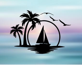 Sailboat Vinyl Decal|Tropical Beach Boating Sticker