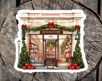 May include: A festive storefront with a red and green garland, a sign that reads "BOOKSTORE", and a Christmas tree on either side of the entrance.
