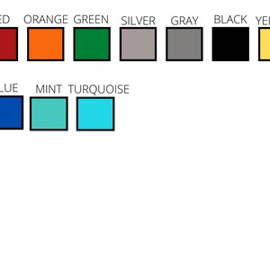 May include: A color chart with squares of different colors, including white, red, orange, green, silver, gray, black, yellow, mustard yellow, blue, mint, and turquoise.