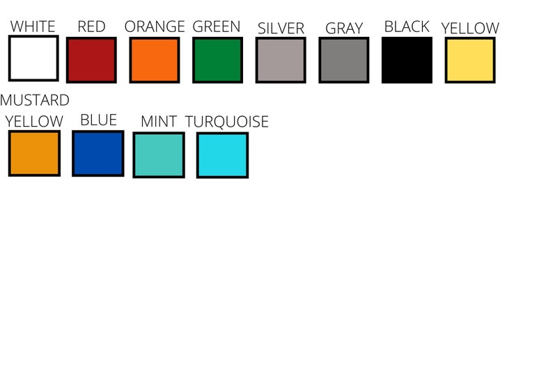 May include: A color chart with squares of different colors, including white, red, orange, green, silver, gray, black, yellow, mustard yellow, blue, mint, and turquoise.