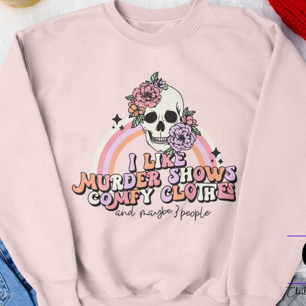 Ik hou van moordshows en comfortabele kleding, cute killer T-shirt, vrouwen moordmysterie sweatshirt, retro T-shirt, meisjes schedelontwerp, hete nieuwe top