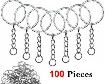 100 x Silver Keyring Blanks Tone Key Chains Open Split Jump Ring 4 Link Tags