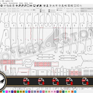 May include: A computer screen displaying a digital design of a 1967 Chevrolet Impala car. The design is in black and white and is divided into multiple sections. The screen shows the design in a program that allows for editing and saving the design in various formats, including DXF, PDF, SVG, and CDR.