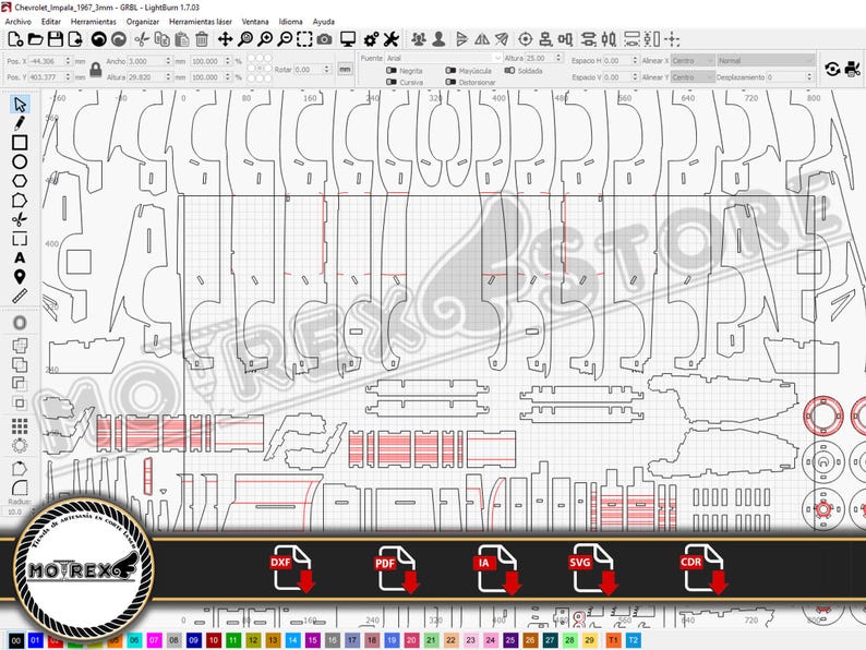 May include: A computer screen displaying a digital design of a 1967 Chevrolet Impala car. The design is in black and white and is divided into multiple sections. The screen shows the design in a program that allows for editing and saving the design in various formats, including DXF, PDF, SVG, and CDR.