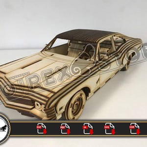 Puede incluir: Un kit de modelo de madera de un coche clásico, con un techo marrón y carrocería detallada. El modelo está sin montar y listo para ser construido. La imagen incluye el texto "MOTREX" y los iconos de formato de archivo para DXF, PDF, IA, SVG y CDR.