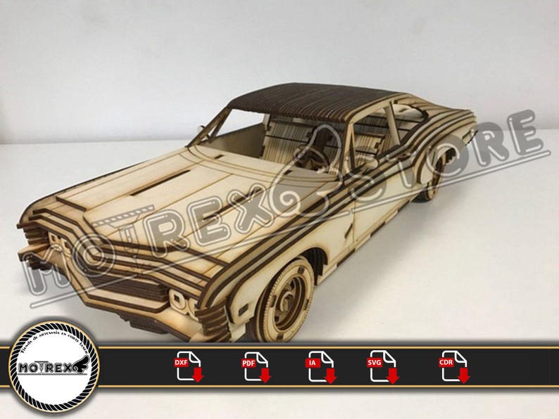May include: A wooden model kit of a classic car, with a brown roof and detailed bodywork. The model is unassembled and ready to be built. The image includes the text "MOTREX" and file format icons for DXF, PDF, IA, SVG, and CDR.