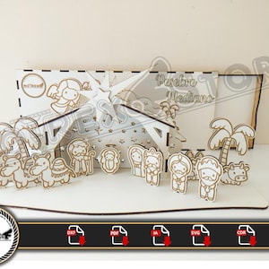 May include: A laser-cut wooden nativity scene with figures of the holy family, animals, and angels. The words "Pesebre Mediano" are visible. The scene is designed to be assembled and displayed, perfect for Christmas.