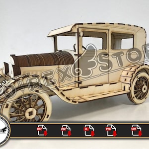 May include: A wooden model kit of a vintage car, ready to be assembled. The model is made of laser-cut wood and features intricate details. The kit includes all the necessary parts and instructions for assembly.
