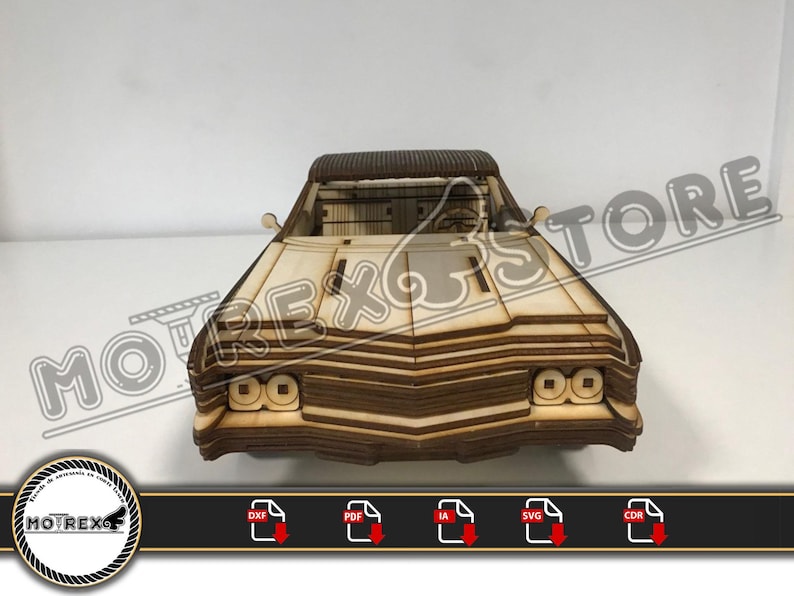 May include: A wooden model kit of a classic car, with a detailed front grille and headlights. The model is made of layered wood and is ready to be assembled. The image includes the text "MOTREX STORE" in the background.