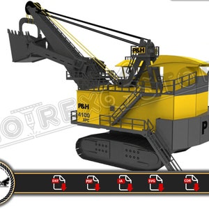 Peut inclure: Illustration détaillée d'une excavatrice minière P&H 4100 XPC jaune et grise. L'image montre la flèche, le godet et les chenilles de l'excavatrice. Le texte "MOTREX" et des icônes de type de fichier sont également visibles.