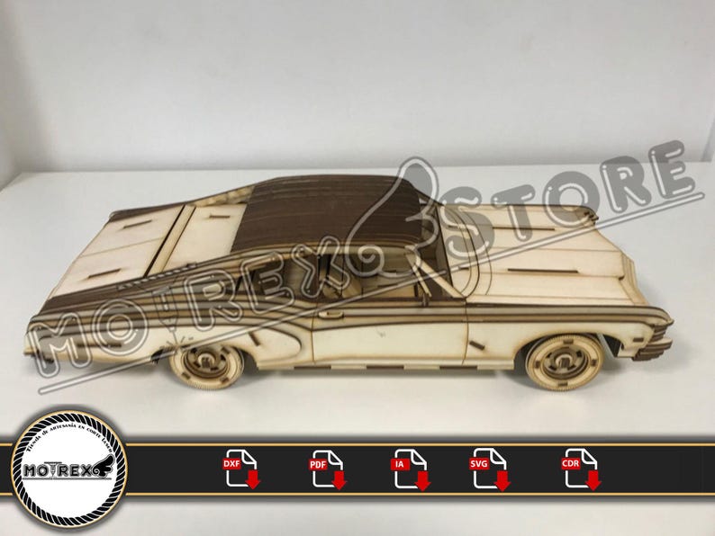 May include: A wooden model kit of a classic car, with a brown roof and white body. The model is unassembled and ready to be built. The image includes the text "MOTREX STORE" and file format icons for DXF, PDF, IA, SVG, and CDR.