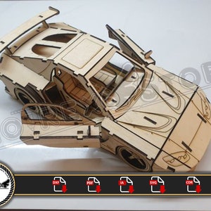 May include: A wooden model kit of a sports car with an open door. The model is made of laser-cut wood and is ready to be assembled. The kit includes all the parts needed to build the car, as well as instructions.  DXF, PDF, IA, SVG, and CDR files are available for download.