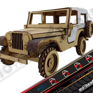 May include: A wooden model of a classic Jeep, featuring a tan body with dark brown accents and a white roof. The model has detailed wheels, a front bumper, and a spare tire. The image includes the text "Instrucciones" and "MOTREX STORE".
