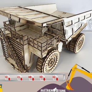 May include: A wooden model kit of a large, off-road dump truck with a ladder and a detailed cab. The truck is made of laser-cut wood and is ready to be assembled. The model is shown on a white background.