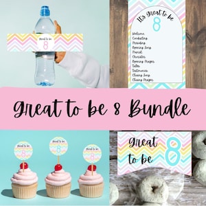 May include: A collection of party decorations with a pastel chevron pattern and the text "Great to be 8". Includes water bottle labels, cupcake toppers, and a sign with event activities.