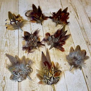 Preciosos broches de plumas y alfileres para sombreros hechos a mano en la región de Scottish Borders.